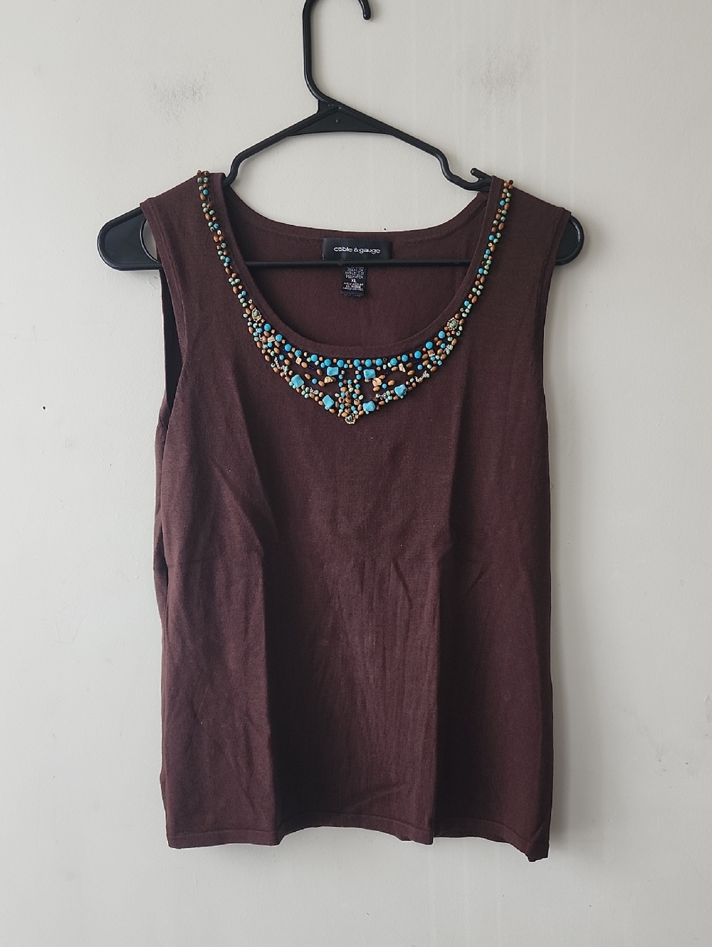 Cable & Gauge Brown Tank Top with Turquoise Beaded Neckline